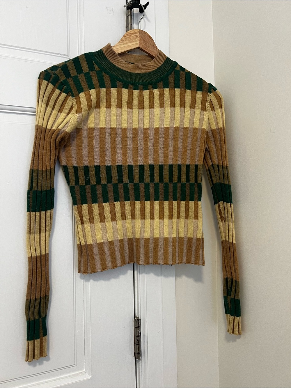 Striped Ribbed Crewneck Sweater in Green and Tan